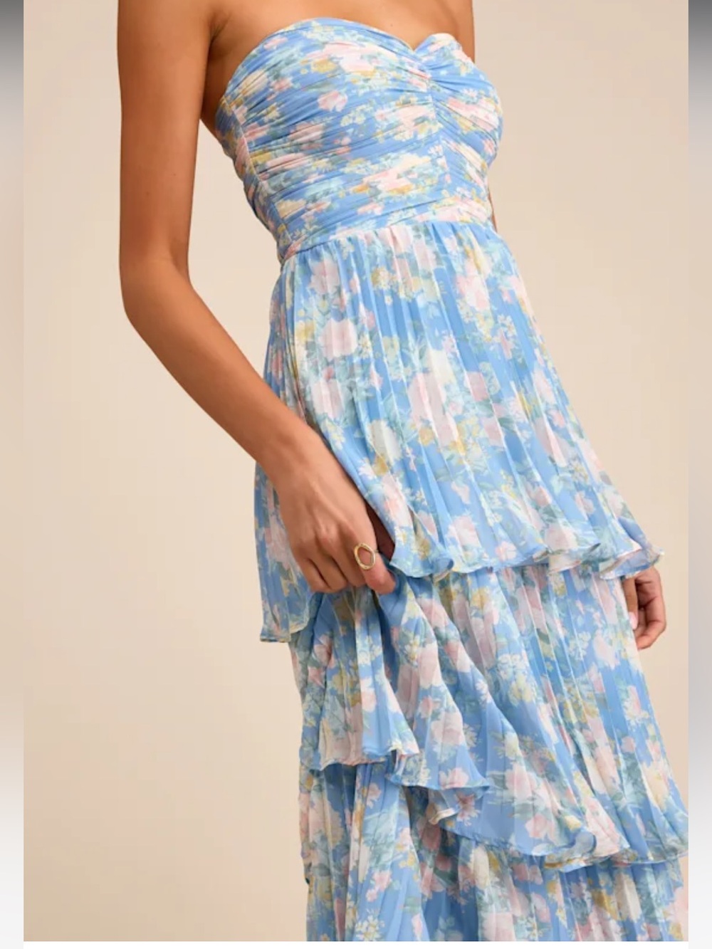 Lulus Seriously Sensational Blue Floral Strapless Tiered Maxi Dress - Size M - Picture 3 of 6